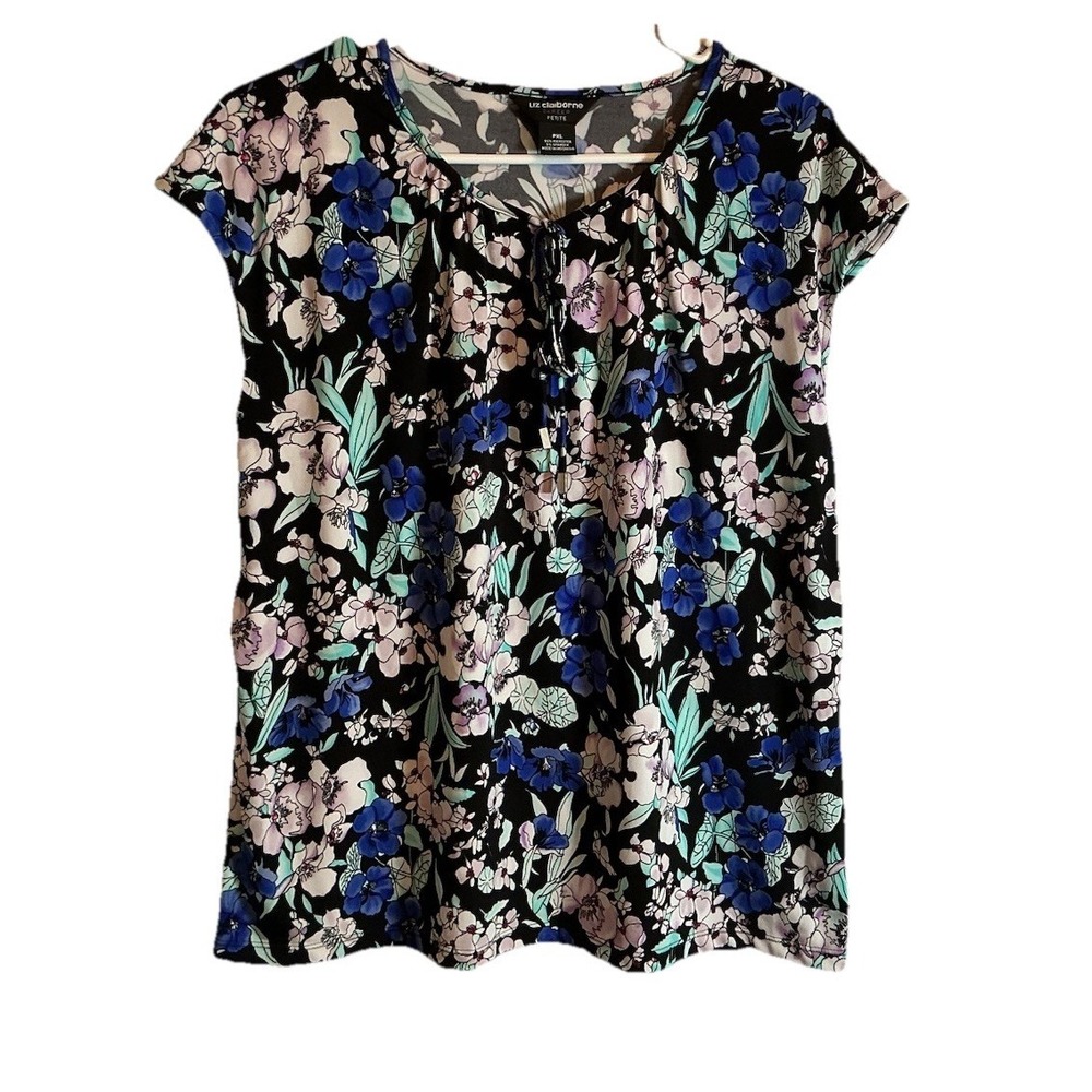 Liz Claiborne Women's Petite Sleeveless Black Floral Blouse Stretch - Size PXL